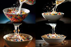 un' ciotola di cereale con un' bianca liquido essere versato foto