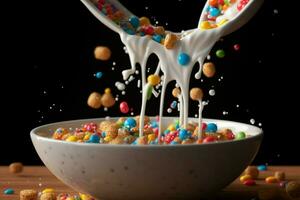 un' ciotola di cereale con latte scrosciante in esso foto