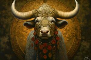 un' Toro con un' oro squillare su suo corna è mostrato nel foto