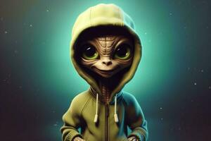 un' cartone animato personaggio con un' felpa con cappuccio quello dice Alieno foto
