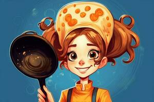 un' cartone animato personaggio con un' padella e pancake su sua foto