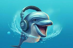 un' cartone animato delfino con un' cuffie su il suo testa foto