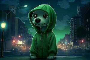 un' cartone animato cane con un' verde felpa con cappuccio e un' verde hoo foto