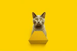 un' gatto con un' giallo sfondo quello dice gatto foto