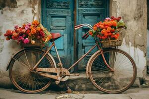 un' colorato bicicletta con un' cestino di fiori su esso foto