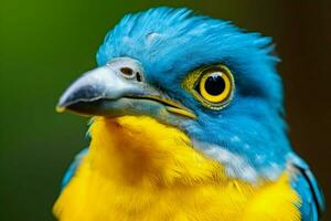 un' colorato uccello con un' giallo occhio e un' blu testa foto