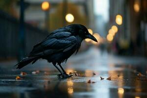 un' corvo nel un' città con un' goccia di pioggia su il suo becco foto