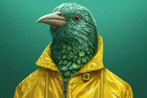 un' digitale illustrazione di un' uccello indossare un' verde foto