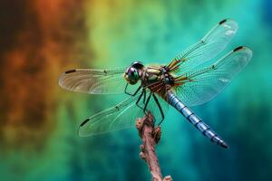 un' libellula si siede su un' blu e verde sfondo foto