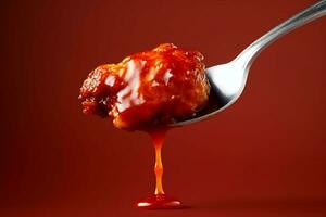 un' forchetta con un' pezzo di pollo coperto nel salsa o foto