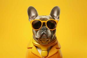 un' francese bulldog indossare giallo bicchieri si siede su un' foto