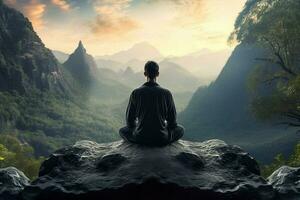 un' uomo Meditare nel davanti di un' montagna paesaggio foto