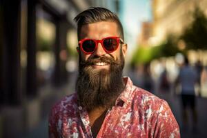 un' uomo con un' barba e occhiali da sole sorrisi per il foto