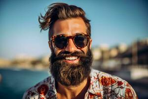 un' uomo con un' barba e occhiali da sole sorrisi per il foto