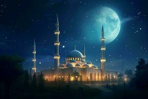 un' moschea a notte con il Luna nel il cielo foto