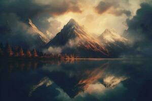 un' montagna lago con montagne nel il sfondo foto