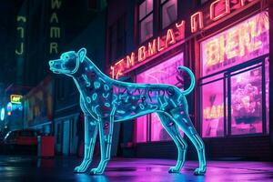 un' neon leopardo cane nel un' città foto