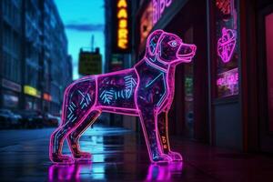 un' neon leopardo cane nel un' città foto