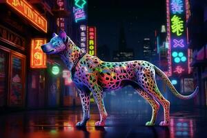 un' neon leopardo cane nel un' città foto