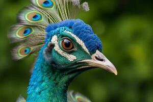 un' pavone con un' blu testa e verde piume su esso foto