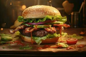 un' fotorealistico Hamburguer con Bacon letuce carne foto