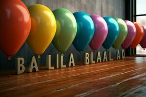 un' riga di colorato palloncini con il parola Palloncino su foto