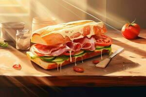 un' Sandwich fatto di spagnolo serrano prosciutto su un' tavolo foto