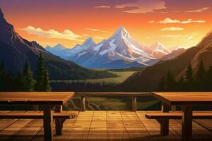 un' panoramico montagna Visualizza dietro a un' di legno tavolo illu foto