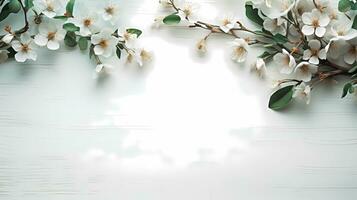 ai generato Immagine di un' florals preparativi su un' bianca legna superficie, stile di natura motivi, fiore decorazione su bianca sfondo. foto