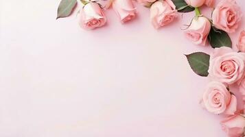 ai generato, un' immagine telaio fatto su di rosso Rose fiori su morbido rosa sfondo, superiore Visualizza con spazio per testo su il centro, minimalismo. foto