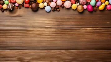 ai generato, caramelle dolci e cioccolatini su leggero Marrone rustico di legno struttura, superiore Visualizza con spazio per testo. foto