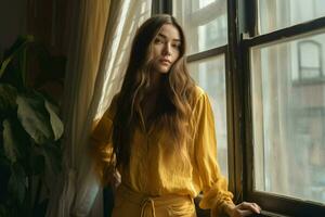 un' donna con lungo capelli e un' giallo camicia è stan foto