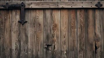 un da vicino fotografia di un' Esposto alle intemperie fienile porta, rivelatrice il intricato grano modelli e aspro textures di anziano Di legno. ai generato. foto