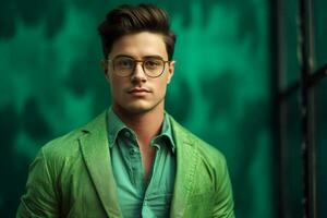 un' giovane uomo indossare bicchieri per uomini con un' verde foto