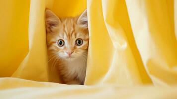 un' malizioso gattino sbirciando su a partire dal dietro a un' pastello giallo tenda, suo luminosa occhi e curioso posizione contrastante contro il tende calma tinta, in partenza spazio per testo. ai generato. foto