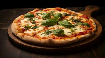 un' avvicinamento tiro di un' formaggio margherita Pizza con fresco basilico foglie, presentata su un' di legno asse, contro un' buio di legno sfondo, ideale per aggiungendo testo. ai generato. foto