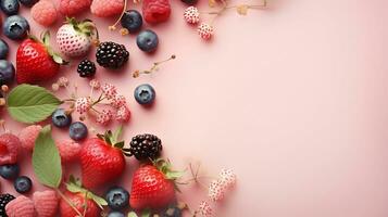 un' sfondo ornato con succoso frutti di bosco piace fragole, mirtilli, e lamponi su un' dolcemente strutturato rosa sfondo, ai generato foto