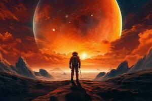 un astronauta con un' pianeta e un' tramonto su il ba foto