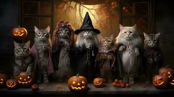 un' gruppo di divertente Halloween gatti vestito nel vario costumi piace zucche, fantasmi, e mummie, posto contro un' strutturato, frequentato Casa sfondo. ai generato foto