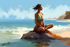 a il riva del mare un' donna pratiche yoga illustrati foto