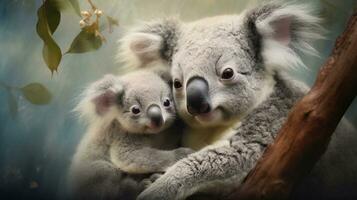 un accattivante scena di un' bambino koala coccole con suo madre, tutti e due contro un' strutturato sfondo quello complementi loro habitat, con camera per testo qui vicino. ai generato foto