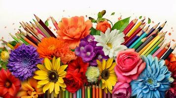 colore matite formatura un' vivace mazzo di colori in mezzo un' giardino di colorato fiori con spazio per testo, la creazione di un' visivamente piacevole contrasto di artificiale e naturale bellezza. ai generato foto