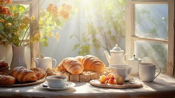 un Immagine di un' prima colazione tavolo ornato con pane, pasticcini, e mattina leggero filtraggio attraverso morbido pastello tende. ai generato foto