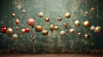 un artistico composizione con d'ispirazione vintage Natale decorazioni, piace antico palline e orpelli, impostato contro un' strutturato, anziano sfondo sfondo. ai generato foto