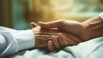 un Immagine con il cura mani di un' assistenza sanitaria professionale tendente per un' paziente, con spazio per testo per enfatizzare il compassionevole aspetto di assistenza sanitaria. ai generato foto