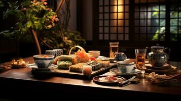 un Immagine evidenziazione il raffinato ambiance di un' tradizionale giapponese cenare camera impostato per un' kaiseki pasto, con di stagione piatti e squisito stoviglie, con designato le zone per testo. ai generato foto