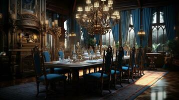 un artistico composizione con un' sontuoso vittoriano cenare camera, completare con un' mille dollari lampadario, ricco tappezzeria, e un' formale cenare tavolo. ai generato foto