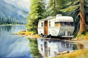 campeggio nel montagna lago con viaggio trailer wate foto