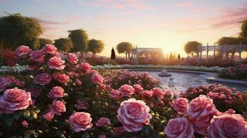 un' sereno scena cattura il eleganza di un' rosa giardino bagnata nel il caldo leggero di un' tramonto con spazio per testo, con designato le zone per testo. sfondo Immagine, ai generato foto