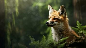 un artistico rappresentazione di un' di volpe testa nel suo naturale habitat con spazio per testo, come come un' foresta ambientazione. sfondo Immagine, ai generato foto